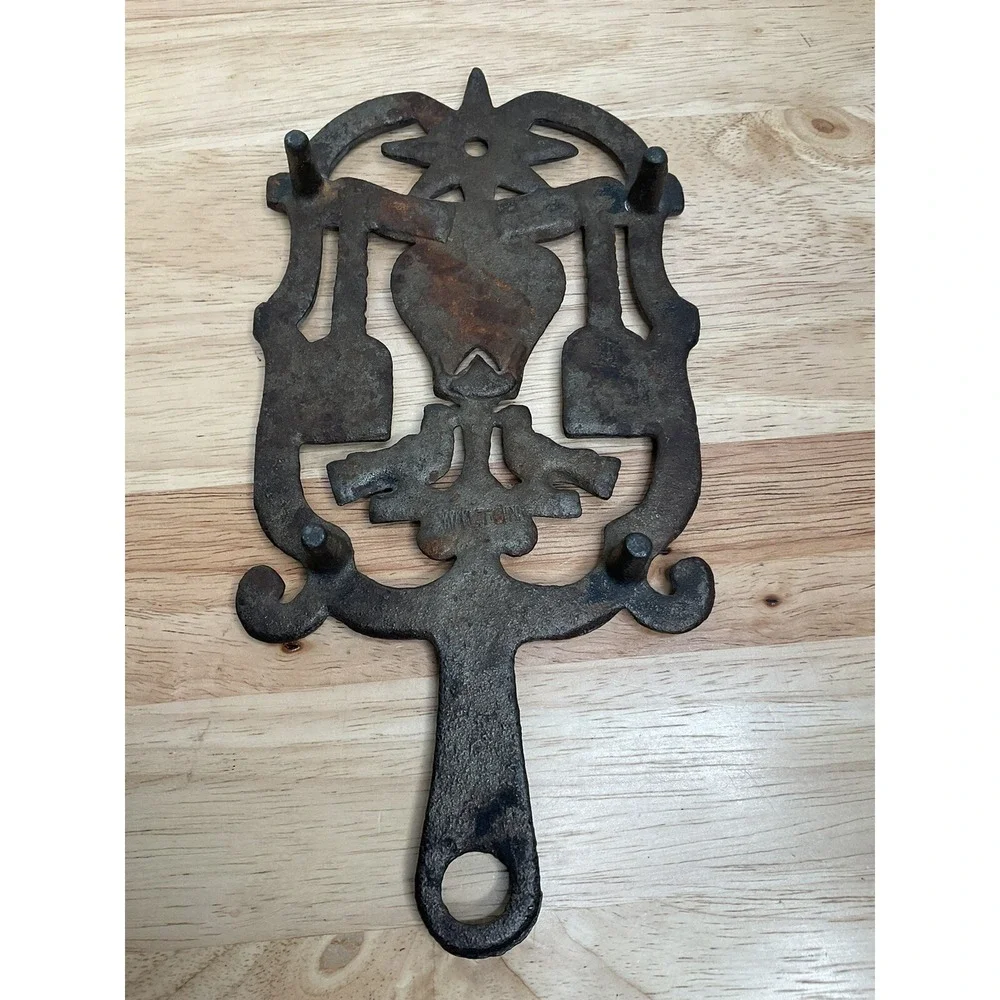 Vtg Dutch Cast Iron Metal Trivet Heart Dove Fork Bird Spoon Rest Old Tool Wilton